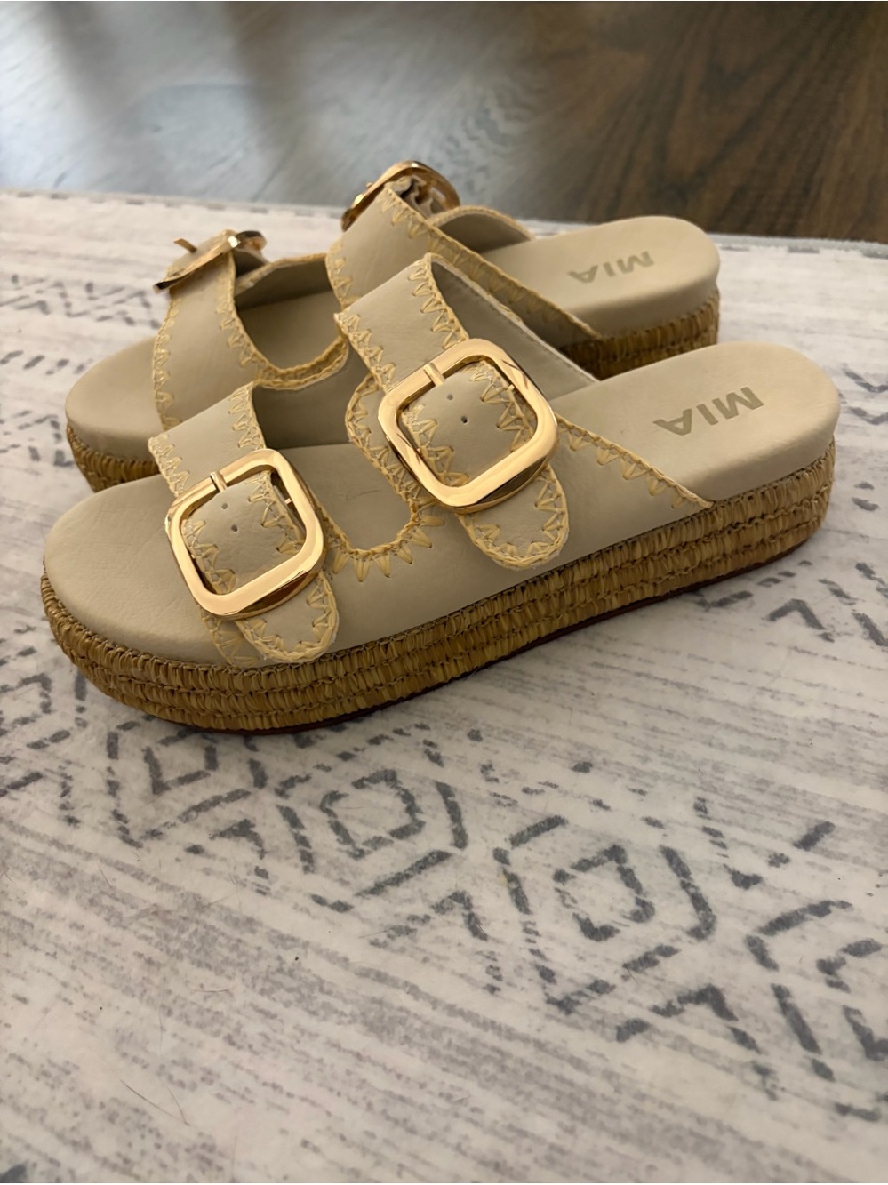 MIA Neutral Double Buckle Espadrille Slides with Gold Buckles